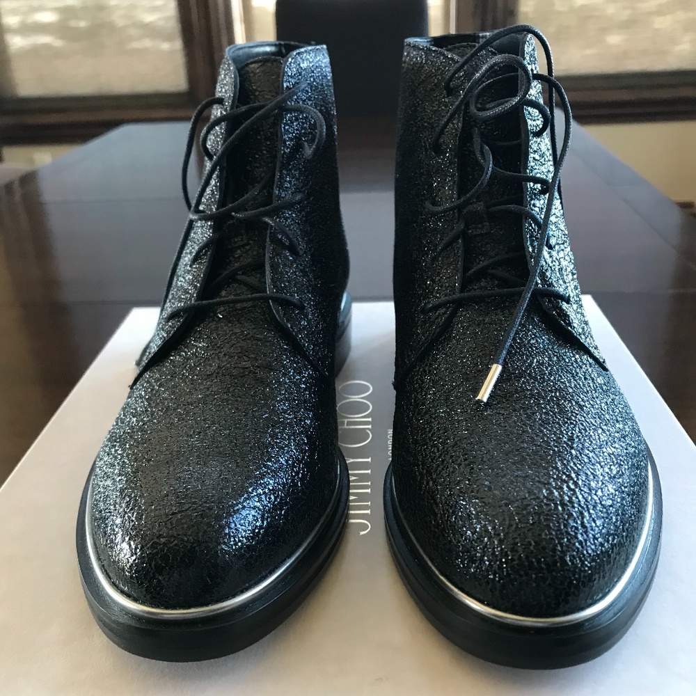 Jimmy Choo Brand new in Box. Crinkled black leather lace up boots booties